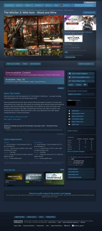 The Witcher 3 Blood and Wine DLC Release Date on Steam