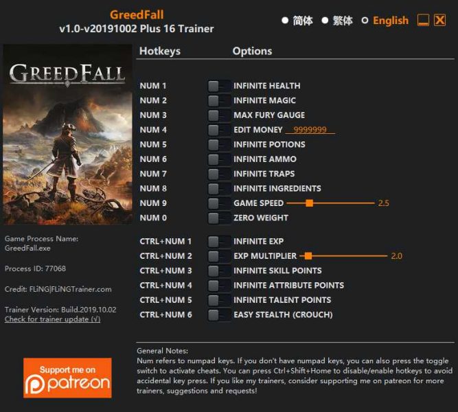GreedFall Trainer